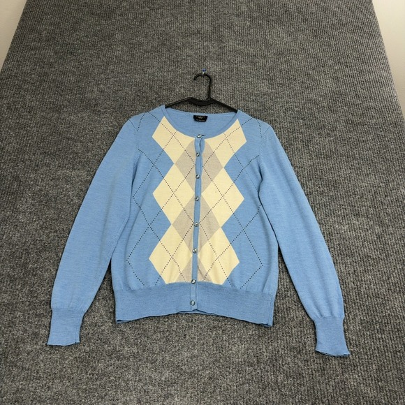 Talbots Sweaters - Talbots Cardigan Womens SP Blue Merino Wool Argyle Button Front Preppy Classic